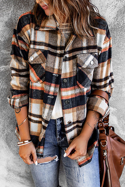 Fiery Red Geometric Plaid Print Pocketed Shacket