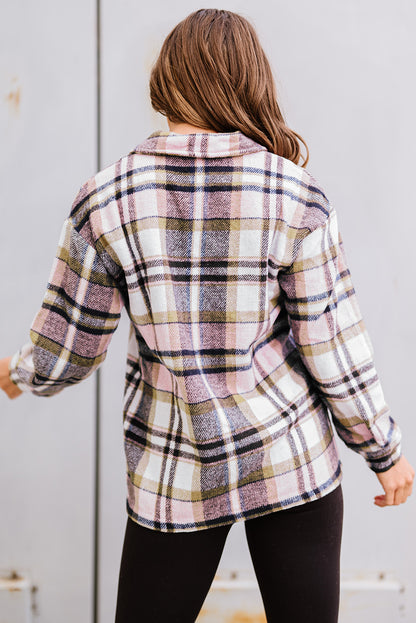 Fiery Red Geometric Plaid Print Pocketed Shacket