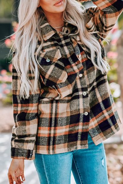 Fiery Red Geometric Plaid Print Pocketed Shacket