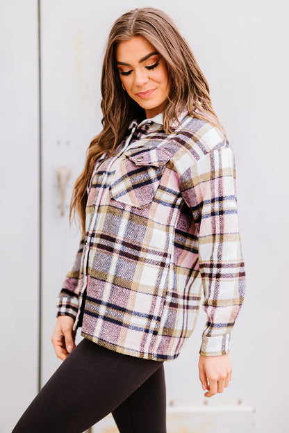 Fiery Red Geometric Plaid Print Pocketed Shacket
